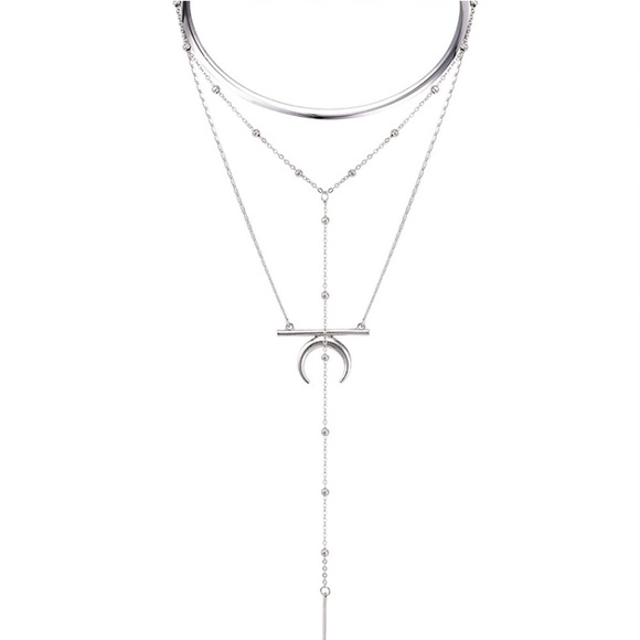 Boho Layered Silver Moon Pendant Necklace - Picture 2 of 3